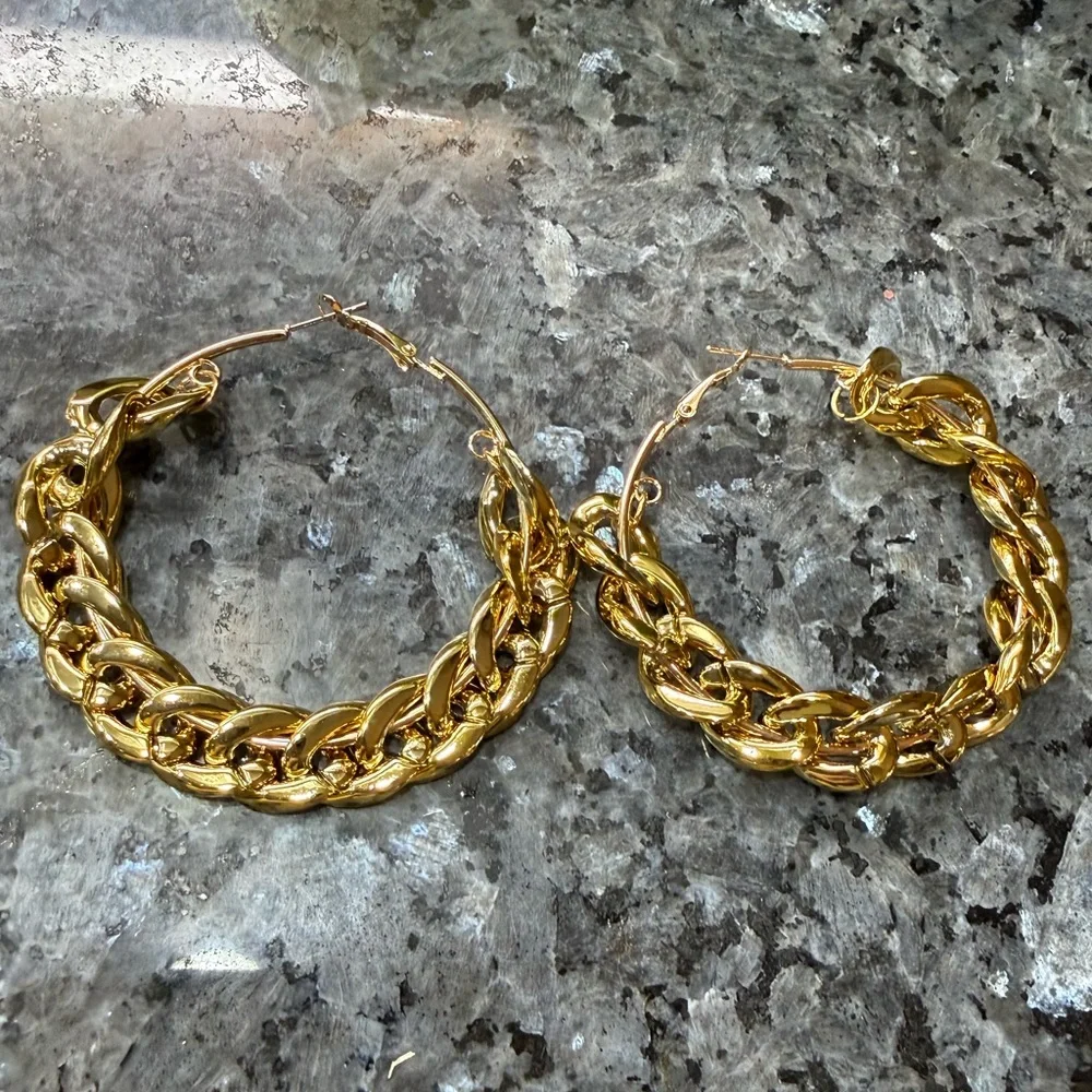 2/$29 or 3/$39 Large Gold Hoop Statement Chain Earrings - Picture 3 of 6